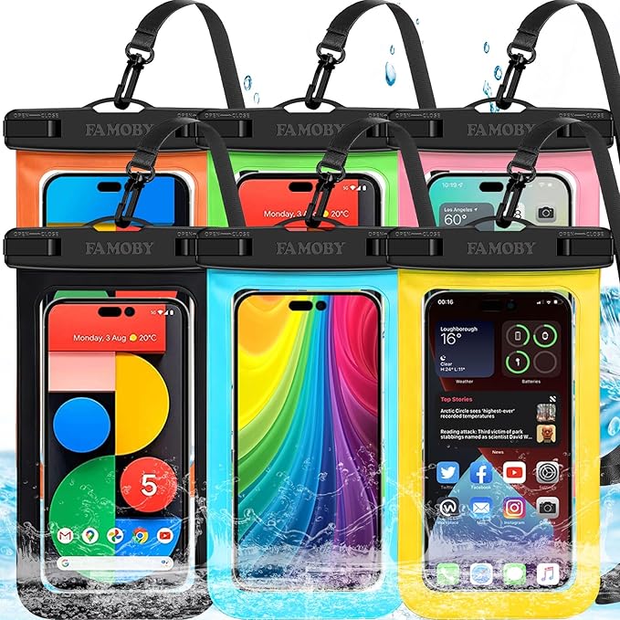 Famoby 6 Pack Multicolor Waterproof Phone Pouch,Phone Case Dry Bag,Protection Level: IP68,Beach Cruise for iPhone,Samsung,and More,Lanyard Included,(Up to 8.3”),Black,Blue,Pink,Orange,Yellow,Green
