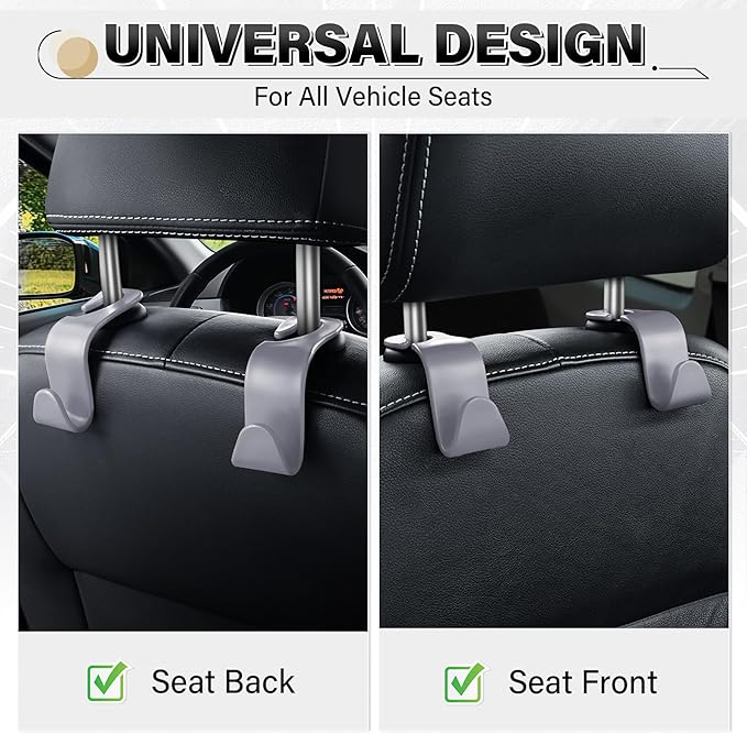 SINGARO 4 Pack Car Seat Headrest Hooks, Vehicle Back Seat Hanger Storage Organizer for Purse Handbag Backpack Coat Grocery, 360° Rotating Heavy Duty Holds 44lbs, Gray