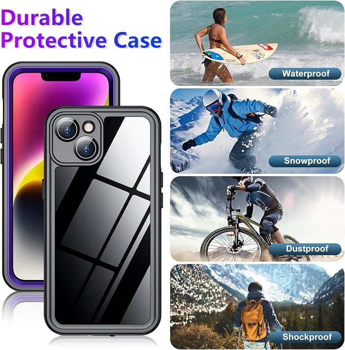 Compatible with iPhone 14 Case Waterproof, Built-in Screen & Camera Protector IP68 Underwater Full Body 14FT Military Dropproof Shockproof Phone Case 6.1"-Purple/Clear
