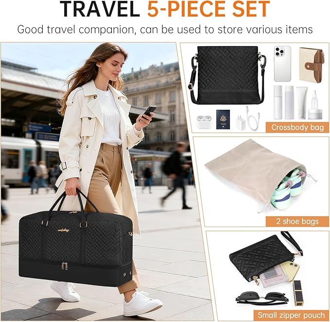 Weekender Bag for Women, 5 Pcs Set Carry on Overnight Bag, 21" Travel Duffel Bag with Waterproof Shoe Compartment for Weekend Travel Business Trip