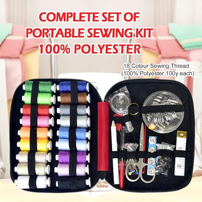 Sewing Kit with Case Portable Sewing Supplies for Home Traveler, Adults, Beginner, Emergency, Contains 18 Sewing Thread, Scissors, Needles, Measure etc,Bright Christmas Red
