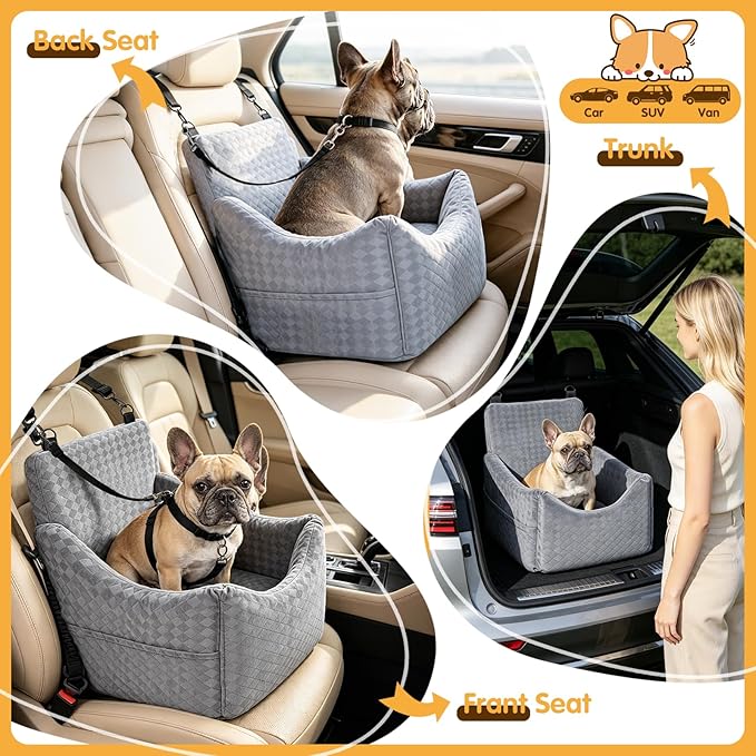 Topmart Dog Car Seat for Small Medium Dogs Under 35lbs, Memory Foam Safety Dog Booster Seat for Front & Back Seat, Cozy Pet Bed for Car with Safety Tether, Storage Pockets, Machine Washable Cover