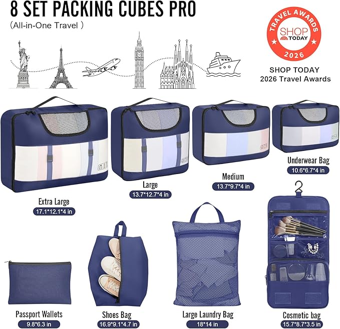 Veken 8 Set Packing Cubes for Travel Essentials,Anti-Wrinkle Buckled Suitcase Organizer for Shoe & Toiletry Bag,Carry On Luggage Bag for Airplane & College Dorm Room Accessories,Women Men Gifts
