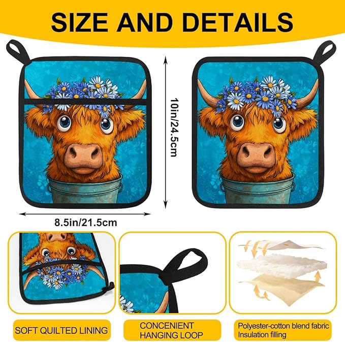 Highland Cows and Vintage Blue Pot Holders with Pockets 2 PCS, Heat Resistant Oven Mitts Hot Pads for Kitchen Baking Cooking, Square Thick Pot Holders Kitchen Hot Potholders, 8.5x10 Inches