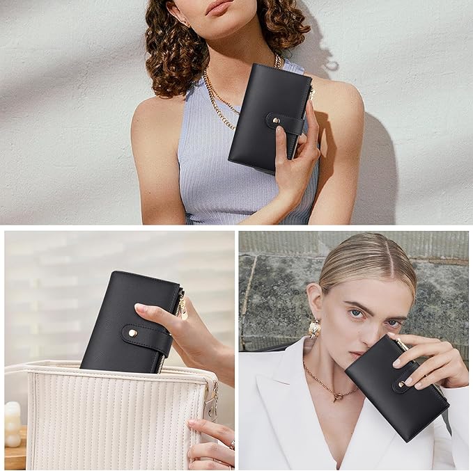 yiijay Wallet Women RFID Blocking Leather Trifold Clutch Wallet Credit Card Holder Ladies Travel Wallet Purse with Pen Holder