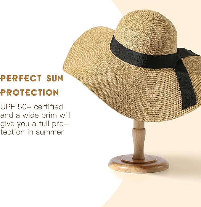 Beach Hat for Women, Wide Brim Sun Straw Hats for Women, Sun Hat Womens UPF 50+ UV Protection, Floppy Foldable Summer Hats