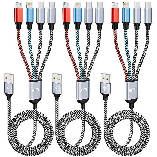 Dual Type-C Ports 4 IN 1 Multi Charging Cable Cord(5FT 3Pack), USB to USB C Cable for Multiple Devices, Travel Vacation Essentials Phone Charger Cord with iPhone 17/IP/Micro for iPhone 17-11/Android