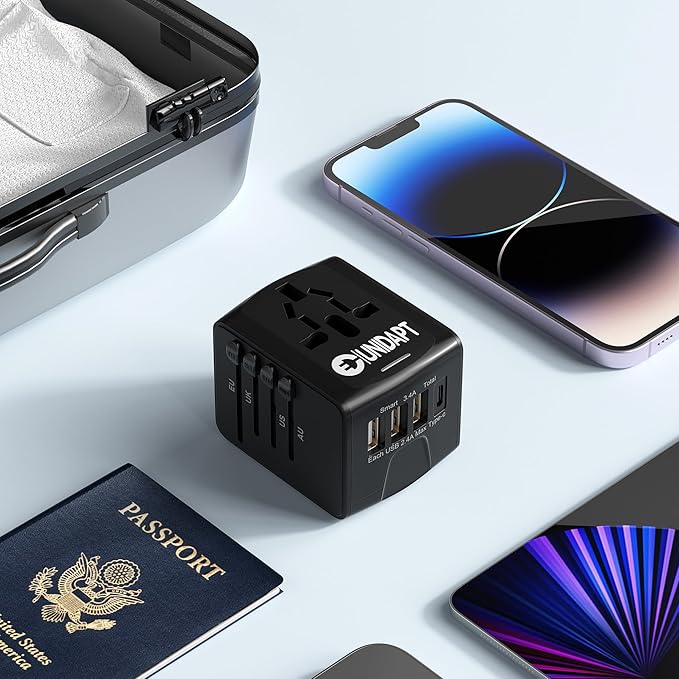 Unidapt International Travel Adapter, Universal Power Adapter Worldwide with 3 USB-A, 1 Type-C - Perfect for Travel to Europe US, EU, UK, AU Over 160 Countries (Black)