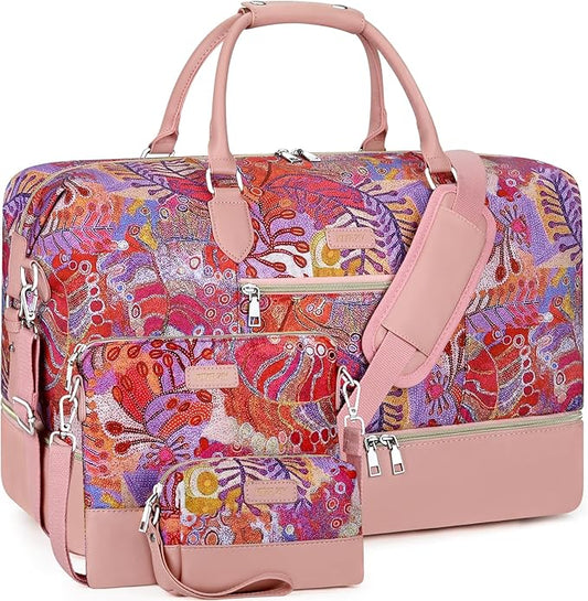ITIEZY Weekender Overnight Bag for Women - Large Travel Duffel Bag with Shoe Compartment, Gym Duffel Bag Hospital Bag Carry On Tote Bags for Airplanes with Crossbody Bag Toiletry Bag 3Pcs Set