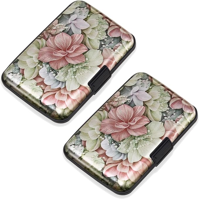 Mayski 2 Pack Credit Card Holder, RFID Blocking, Happy Flower Aluminum Alloy Hard Case, Small Mini Business Metal Wallet for Women Men