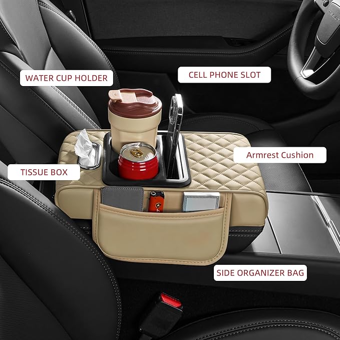 5 in 1 Car Center Console Cover, Armrest Pad with 2 Storage Pockets, Cup Holder, Tissue Slot, Phone Holder, Nappa Leather Memory Foam Car Accessories for SUV Sedan Truck (Beige)