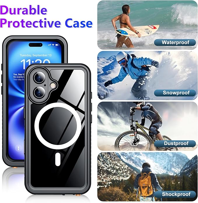 Compatible with iPhone 16 Case Waterproof, Compatible with MagSafe Built-in Screen & Camera Protector IP68 Underwater Full Body 16FT Military Dropproof Shockproof Phone Case 6.1"-Black