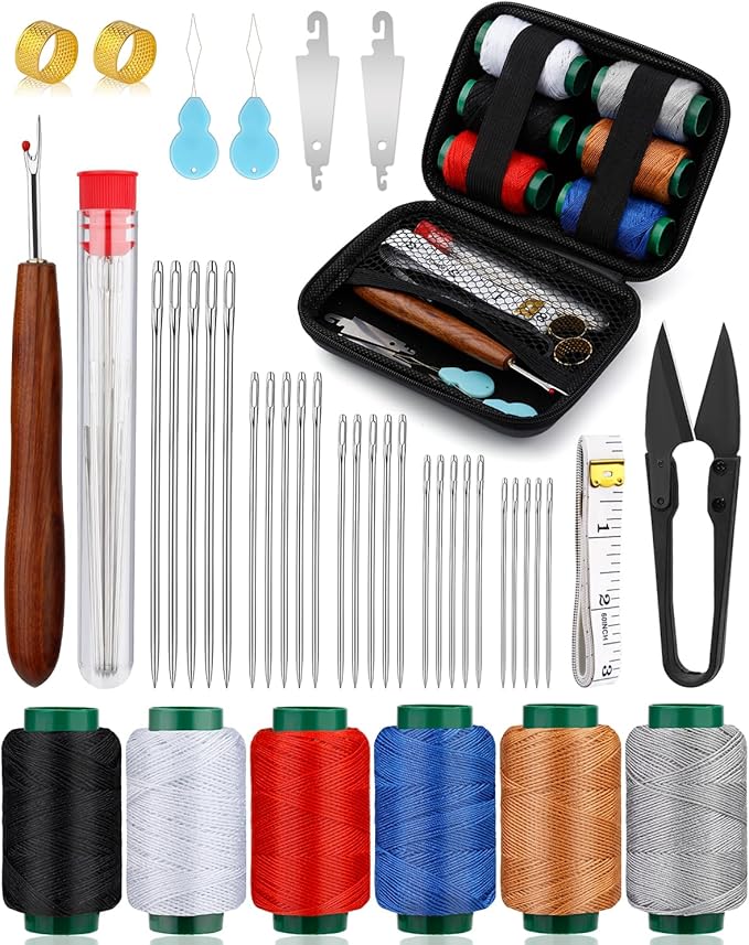 TLKKUE Sewing Kit for Adults, Steel Needles for Hand Sewing, 40 Pcs Sewing Kit with Sewing Needles Storage Bag Threads Thimbles Seam Rippers for Repair Clothing(6-Color Upholstery Thread)