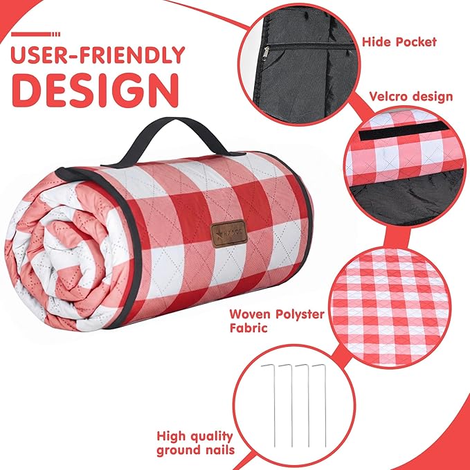 HX&OD Outdoor Picnic Blanket, Extra Large, 80''x60'' Waterproof Foldable Blankets Gingham Picnic Mat for Beach, Camping Grass Lawn Park Accessories Cute Couple Ideas Wedding (Red, 80”x60”)