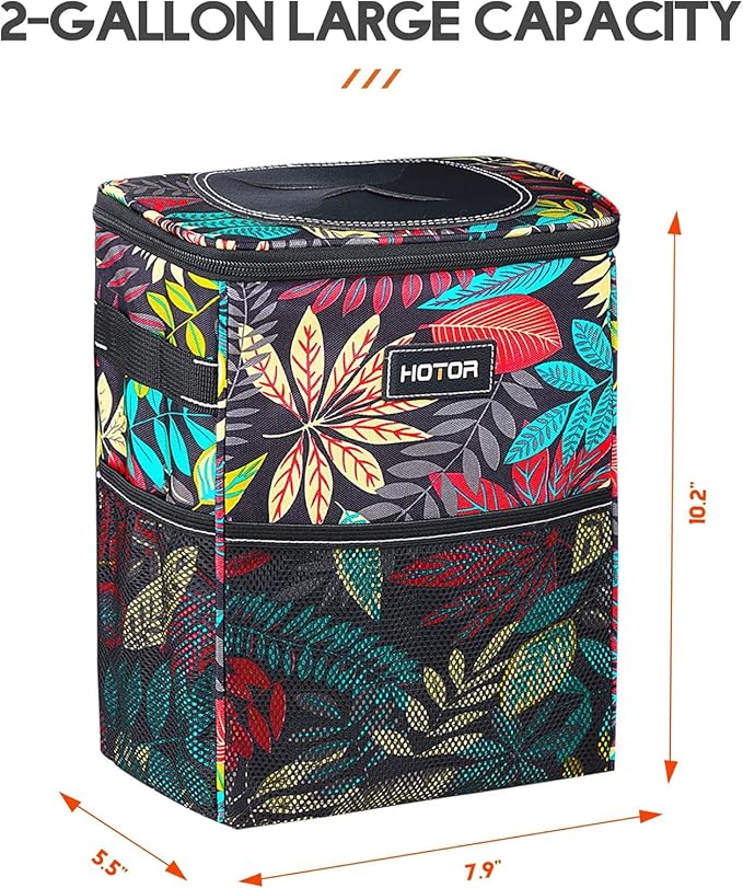 HOTOR Car Trash Can with Lid and Storage Pockets - 100% Leak-Proof Organizer, Waterproof Garbage Can, Multipurpose Trash Bin for Car, 2 Gallons, Autumn Leaves