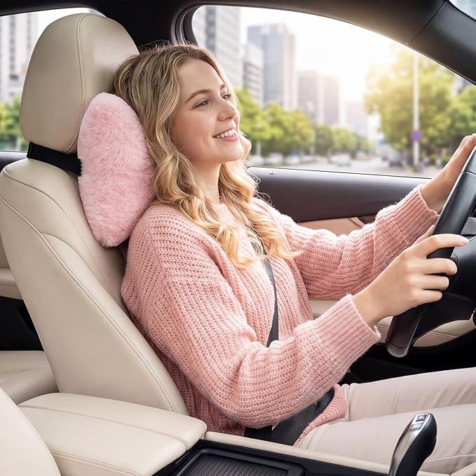 Macarrie 2 Pcs Car Neck Pillow Velvet Bow Headrest Pillow Soft Comfortable Seat Neck Support Cute Bow Car Accessories for Driving Travel Driver Chair Girl Style Interior Decor(Solid,Pink)