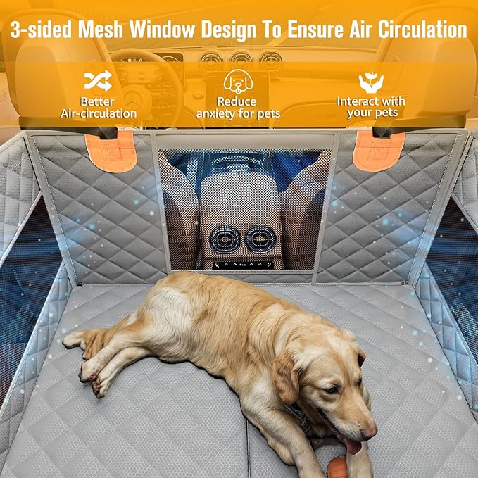 PETICON Large Dog Car Seat, Back Seat Extender for Dogs with 3 Mesh Windows, Waterproof Medium Carseat for Dogs with Hard Bottom, Pet Seat Cover for Cars, Trucks and SUVs