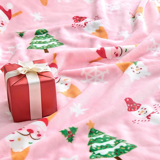 Edenleaf Christmas Blanket Soft Cozy Pink Throws with Snowman Snowflake Santa Claus and Xmas Trees Print, Fuzzy Warm Christmas Throw Blanket for Couch Bed Holiday Decorations Gifts 60"x80" (Pink)