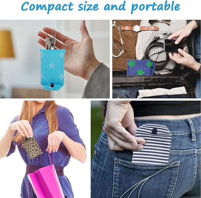 DXMWWTP 6 Pcs Foldable Reusable Shopping Bags,Tote Bags, Grocery Bags with Hook, Eco-friendly Travel Recycle Shopping Bags in Pocket, Waterproof and Machine Washable for Daily Shopping Supplies