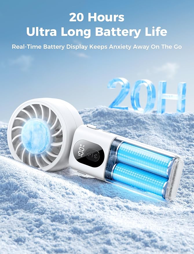 Aecooly Mighty Portable Handheld Fan with Cooling Plate | 20H Max Cooling Time | 3 Flexible Modes | 5 Speeds Wind | Battery Level Display | Mini Personal Battery Powered, Gifts for Women, Travel-White