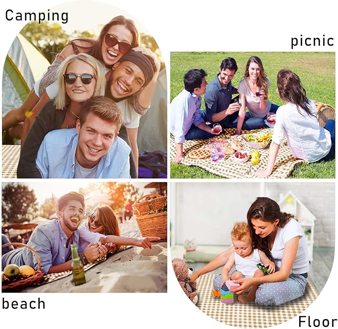 SAMSIER Outdoor Picnic Blankets Waterproof Foldable Sandproof, Large Gingham Cute Picnic Mat Washable Portable for Park Beach Camping Courtyard (Coffee, 60"×80")
