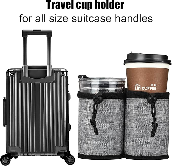 Luggage Cup Holder Travel Essentials Cup Holder, Hands-Free Drink Holder with 2 Coffee Mugs Tightening Drawstring, Accessory for Flying & Travelers - Travel Luggage Accessories by YSCEN (Purple)