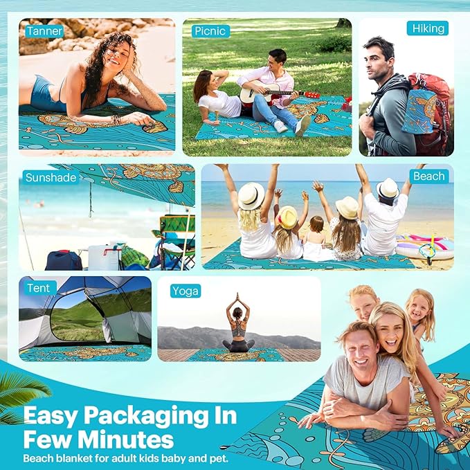 EASYFUN Beach Blanket Sandproof Oversized, 79''×83'' Extra Large Beach Mat, Portable Picnic Mat for Travel Camping Hiking, Lightweight Beach Essentials Family Water Resistant Mat