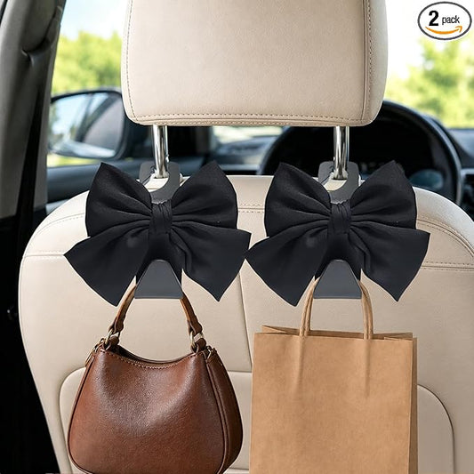 2 Pack Car Purse Hooks, Cute Bow Car Seat Headrest Hook Hanger for Purses and Bags, Space-Saving Car Accessory (Black silk)