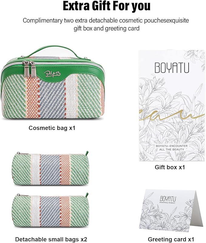 BOYATU Travel Makeup Bag Cosmetic Bag for Women: 3 Pcs Set Make up Bag with Compartments - Waterproof Vegan Leather Toiletry Bags with Handle - Makeup Organizer for Travel Essentials(C-2-Green)