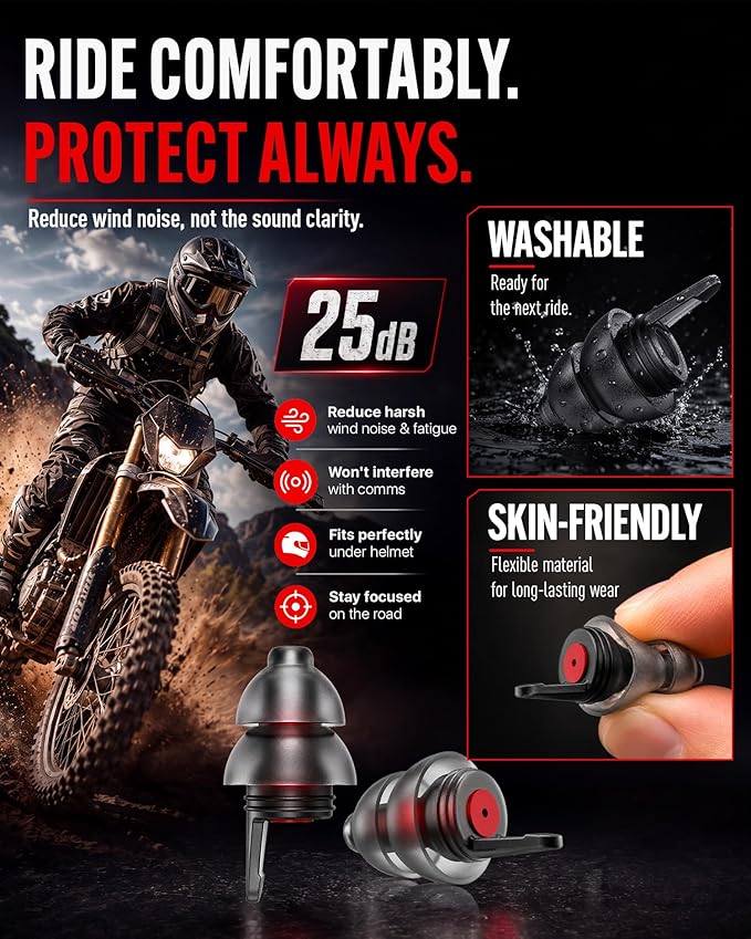 Motorcycle Ear Plugs for Wind Noise Reduction, 2 Pairs Reusable Motorcycle Accessories - Moto Earplugs, Soft Comfortable Hearing Protection for Motorbike, Touring, Racing, Riding - 25dB, Biker Gifts
