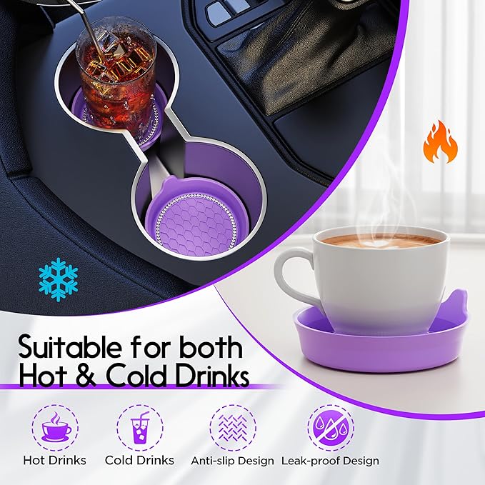 Amooca Car Cup Coaster Universal Non-Slip Cup Holders Bling Crystal Rhinestone Car Interior Accessories 2 Pack Purple