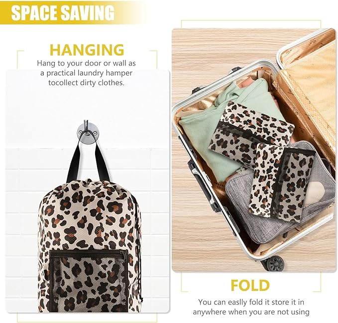 Olosar Laundry Bag Backpack, 2PCS Extra Large Travel Laundry Bag with Mesh Pocket & Adjustable Shoulder Straps,Dirty Clothes Travel Bag for College Students Dorm,Apartment(Leopard Print)