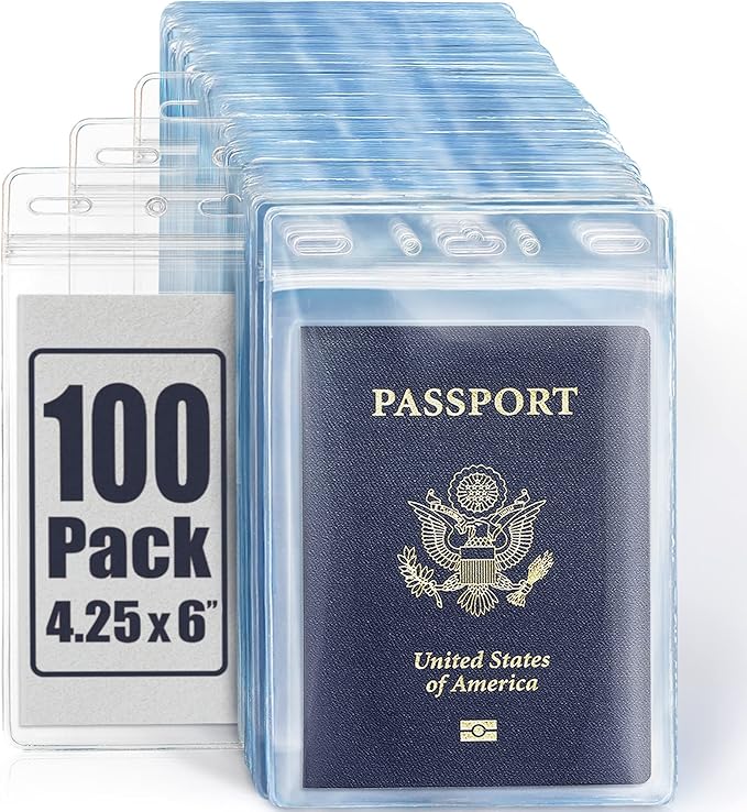 Mifflin-USA Passport & Card Holders (Clear, 4x6 inch, 100 Pack), Extra Large (XXL) ID Name Badge Holder, Waterproof Vertical Plastic Card Holders