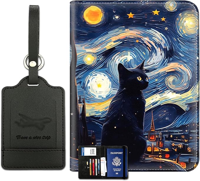 Passport Wallet, Passport Holder with RFID Blocking and Luggage Tag, Waterproof PU Leather Travel Documents Organizer Case, Passport Covers with Card Slot for Women & Men, Cat Night Starry Art