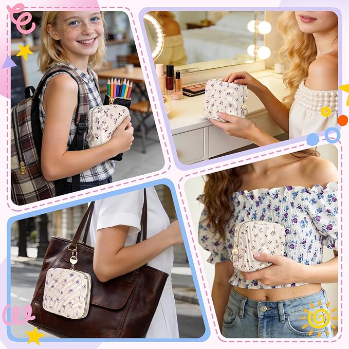 Floral Period Bag, Small Period Pouches for Teen Girls, Corduroy Sanitary Napkin Storage Bag, Compact Discreet Pad and Tampon Holder for Purse (Floral-Mini Purple)