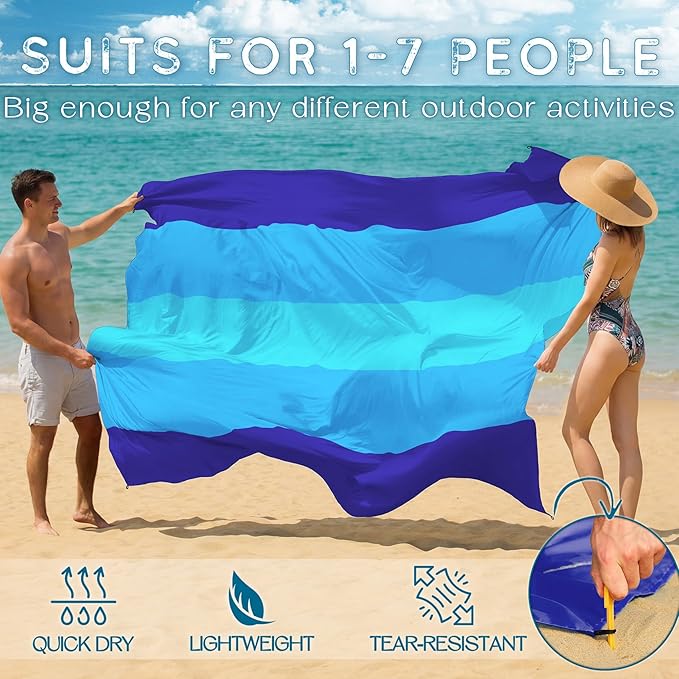 BYDOLL Beach Blanket Waterproof Sandproof Large Sand Free,78''X81''/10'X9' Oversized Sandless Lightweight Blanket Picnic Mat for Beach Travel Camping Hiking with Stakes