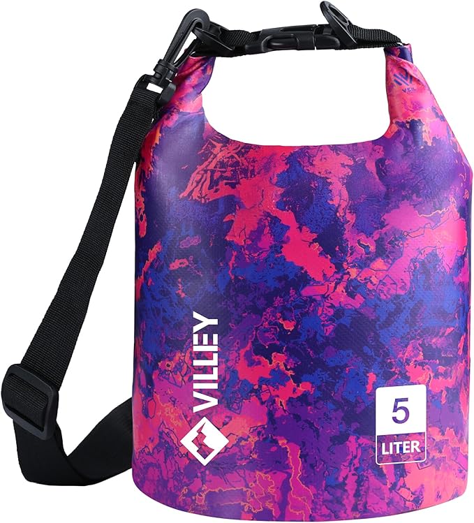 VILLEY Dry Bag Waterproof 5L Roll Top Storage Backpack, Keeps Gear Dry Lightweight Backpack for Kayaking Boating Camping Swimming and Beach Accessories Purple Camo