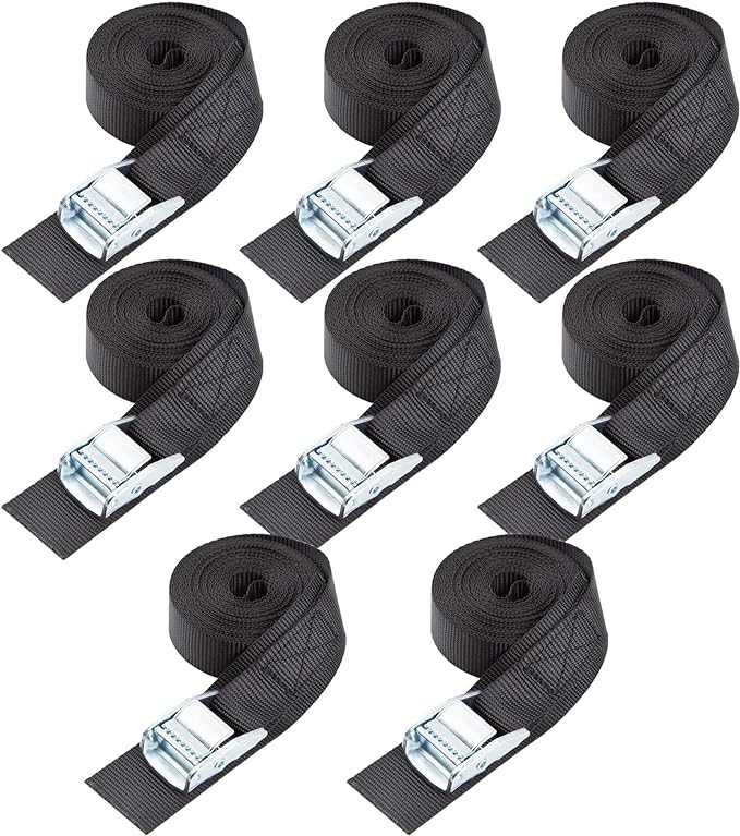 Cartman 1" x 15'Lashing Straps with Adjustable Cam Buckle Cargo Tie Down with Protective Pad, 8 Pack, Black