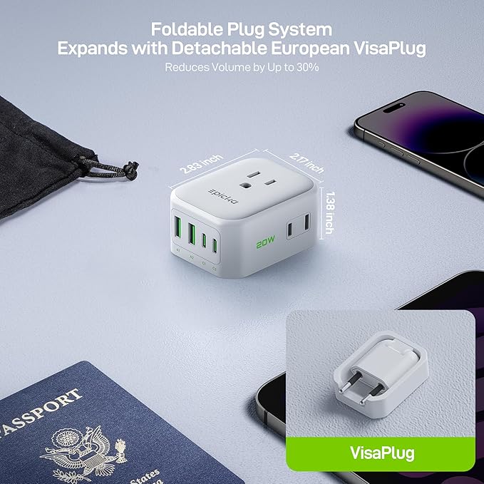EPICKA Hybrid European Travel Plug Adapter,2-Pack Foldable Detachable Type C (EU) VisaPlug, 8-in-1 International Power Adapter with 4 USB Ports (2 USB-C PD 20W), US to Europe