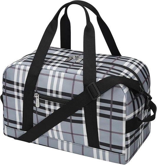 Apenze Small Gym Bag 14 inch lightweight Carry On Mini Duffel Bag for Travel Sport - Gray white plaid