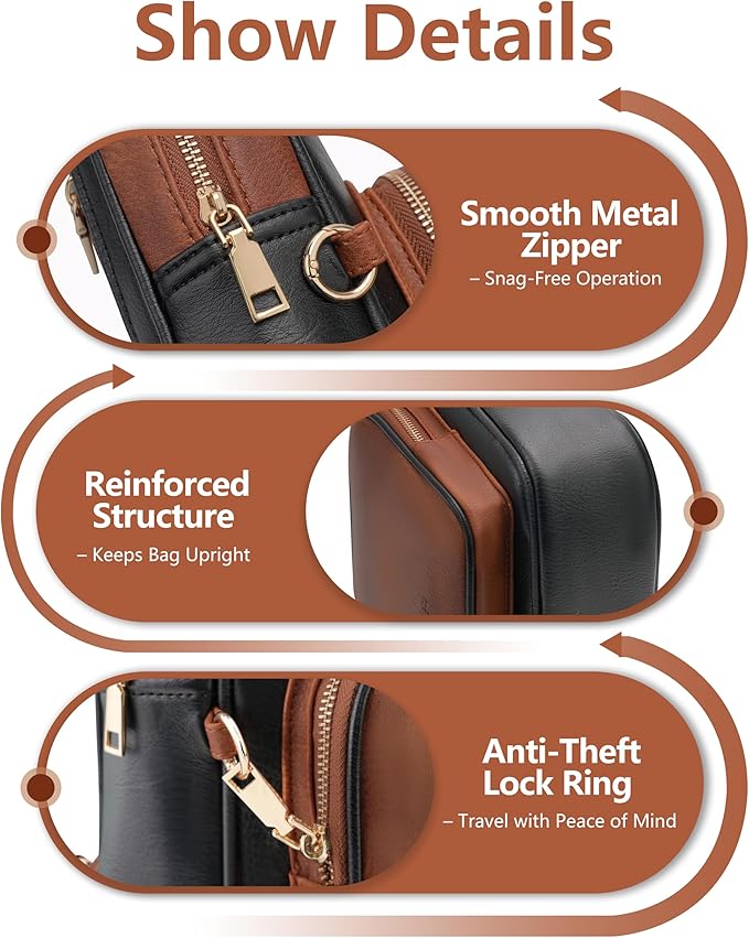 Anti Theft Crossbody Bags for Women,RFID Sling Bag Travel Purse,Vegan Leather Cross Body Purses Chest Bag for Travel(Black+Brown)
