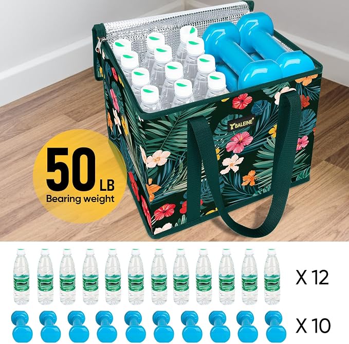 BALEINE 1Pk Insulated Reusable Grocery Bags, Foldable Shopping Bags for Groceries with Reinforced Bottom & Handles (Blossom Season)