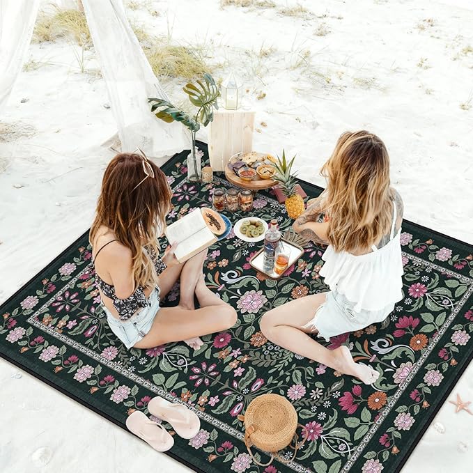 Floral Picnic Blankets Waterproof Foldable, 60″X80″ Packable Picnic Mat Boho Outdoor Blanket for Grass, Large Beach Blanket Sandproof Picnic Accessories for Camping Music Festival Park Lawn Travel