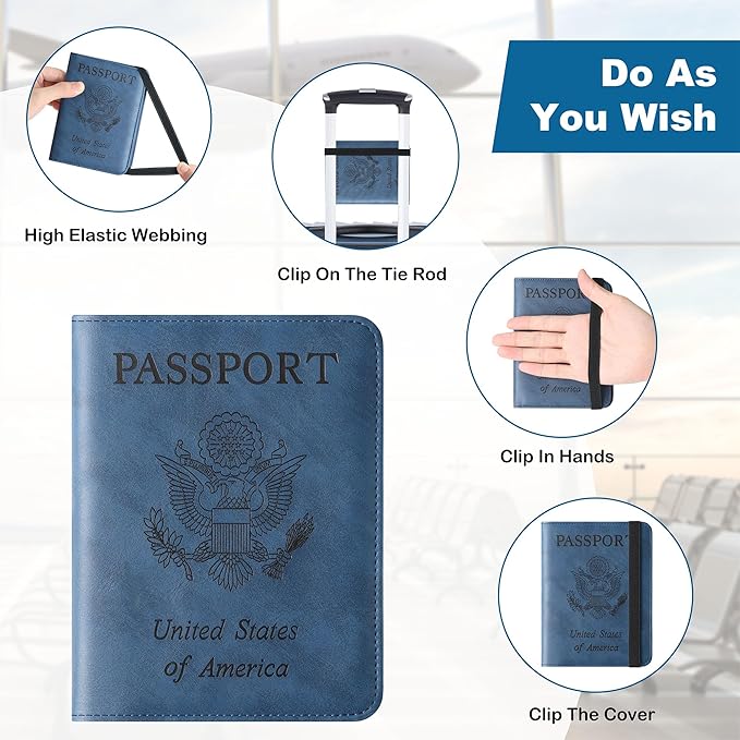 Passport Holder for Travel Essentials Wallet Rfid Blocking Cover Leather Case Vacation Travel Accessories for Women Men (602#Blue)