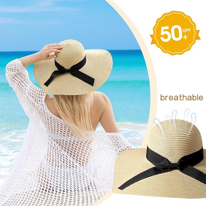 Beach Hat for Women, Wide Brim Sun Straw Hats for Women, Sun Hat Womens UPF 50+ UV Protection, Floppy Foldable Summer Hats