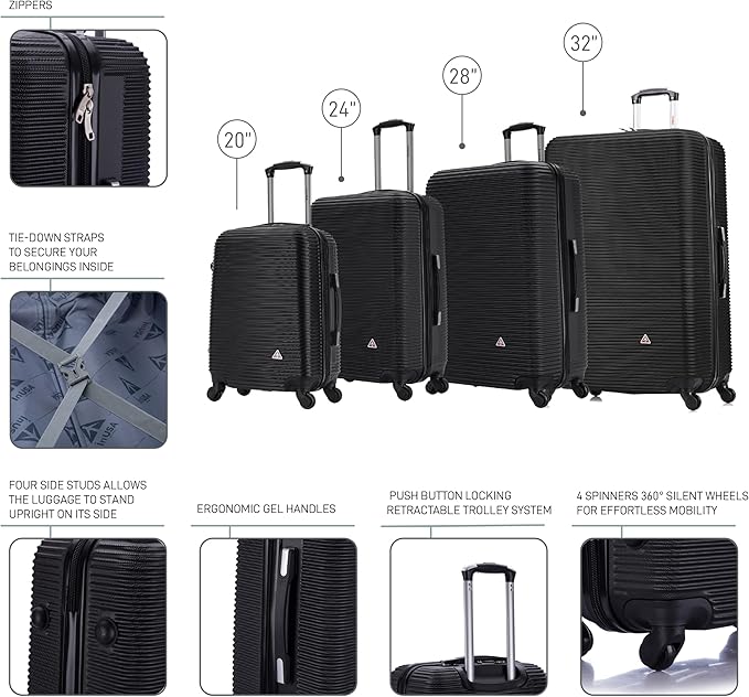 InUSA ROYAL Hardside Luggage Set with Spinner Wheel | Spacious Travel Suitcases with Ergonomic GEL Handle and Studs | (20/24/28/32) 4 Piece Luggage Set | Black