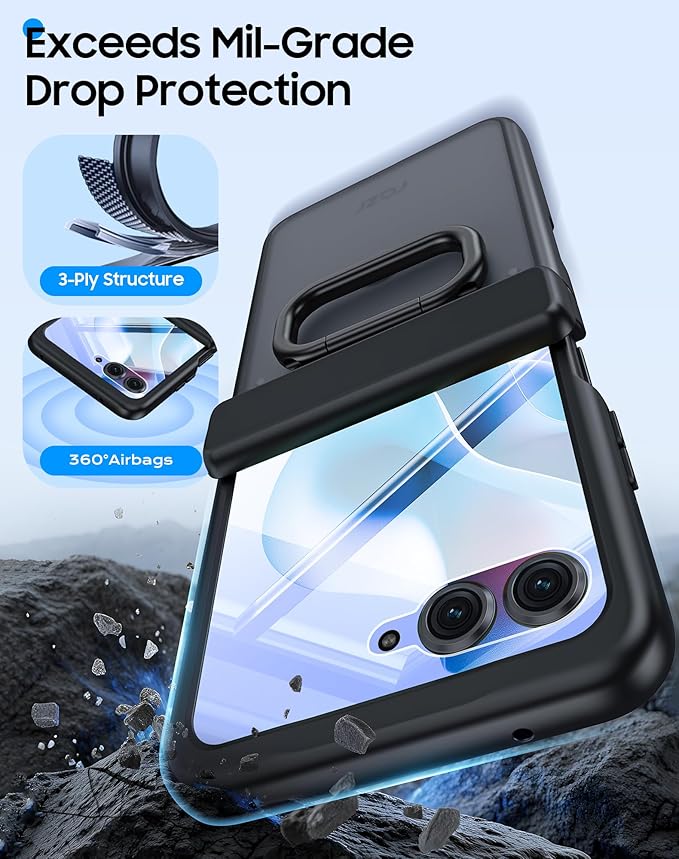 for Motorola Razr 2025 Case/Razr 2024 Case with Ring Holder & Screen Protector & Hinge Protection, Skin Feel Matte PC, Shockproof Phone Cover for Razr 2025/2024-Black (NOT for Plus/Ultra)