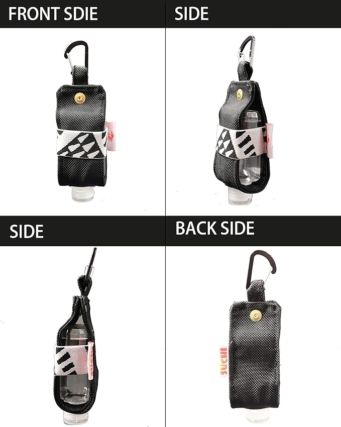 Travel Size Hand Sanitizer Holder,Bottle Case and Carabiner Carrier bag-Portable Mini Waist Bag for Liquids Clip On Belt Loop, Backpack and Purse - Includes Empty 60ml/ 2 oz Reusable Bottle (Black)