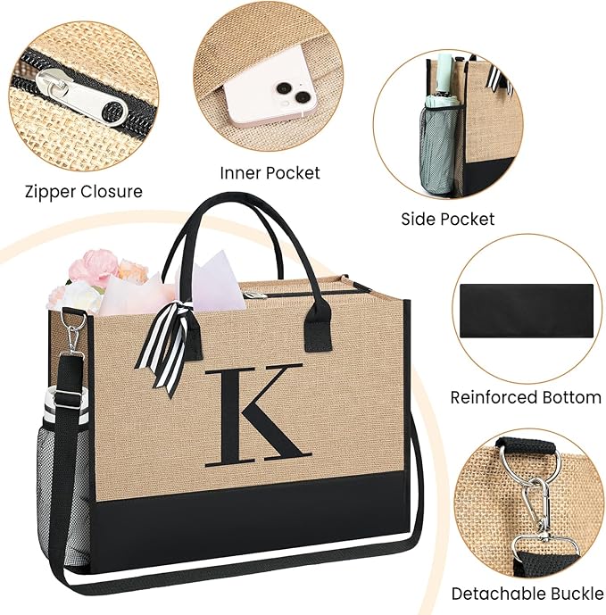 BAGAIL Initial Tote Bag, Personalized Birthday Gifts for Women, Teacher, Friends, Mom, Wedding, Monogrammed Beach Bag