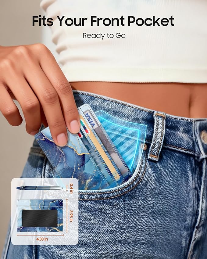 FINTIE Slim Minimalist Front Pocket Wallet, RFID Blocking Credit Card Holder Card Cases with ID Window for Men Women, ocean marble
